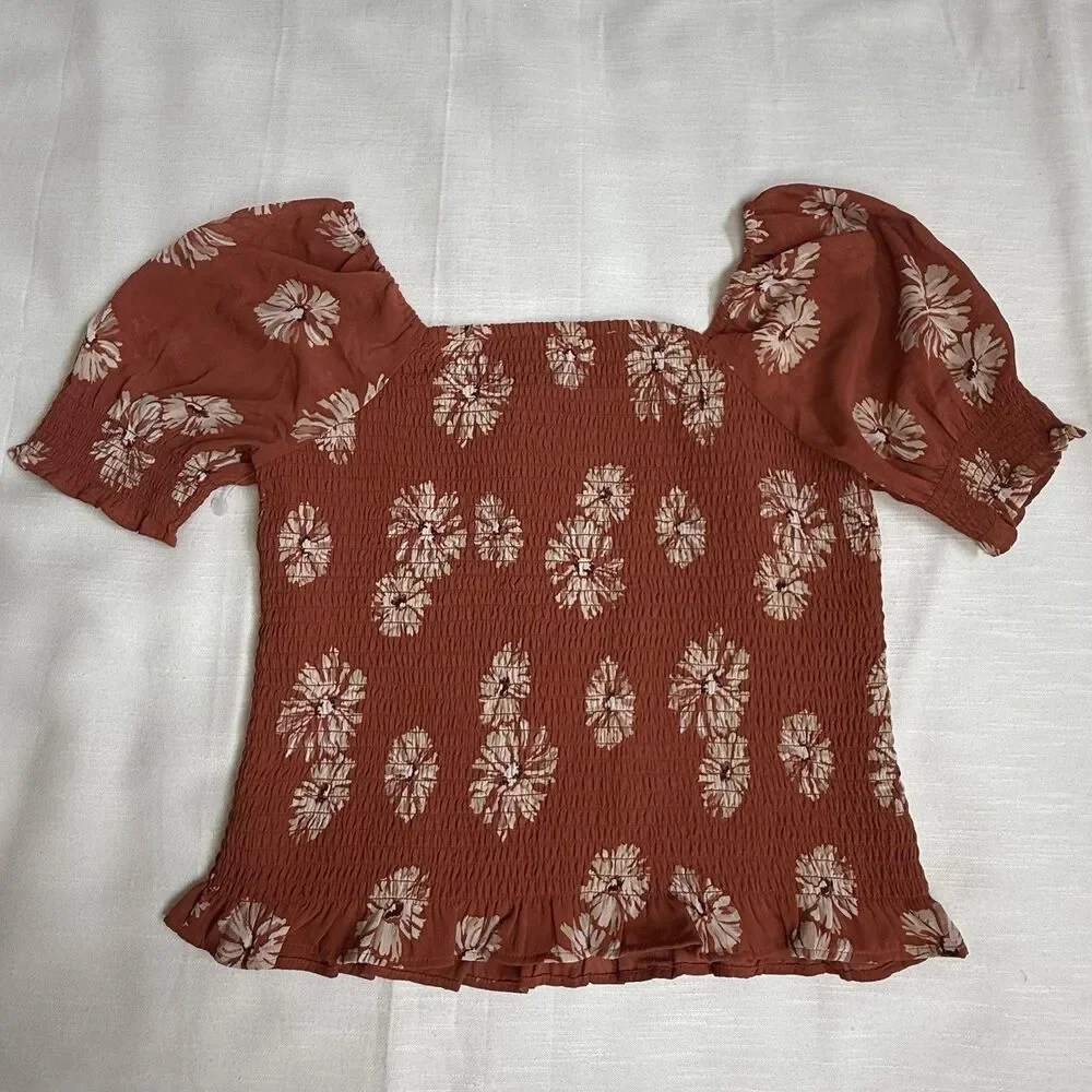 Madewell Moody Blooms Resourced Georgette Lucie Puff Sleeve Smocked Top Sm New